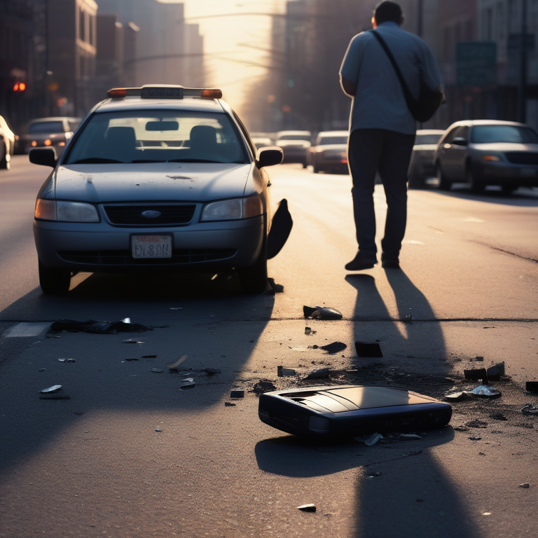 Person on a city street at dusk, on the phone beside a car with a dented bumper, evidence of a recent hit and run.