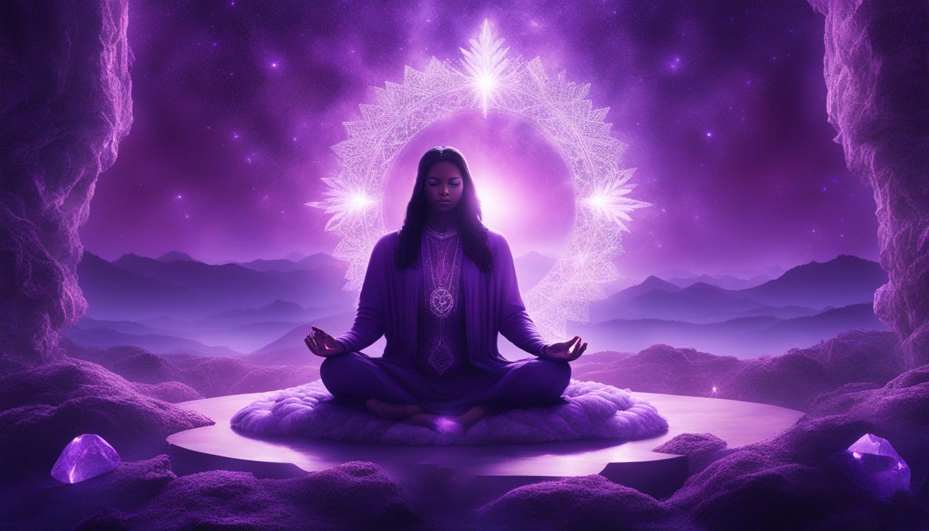 An ethereal figure sitting cross-legged on a bed of crystals, surrounded by a haze of soothing purple light. They have their eyes closed and palms facing upwards, as though meditating. The crystals around them are arranged in a circle, each one emitting a soft glow of energy. In the background, a serene landscape of mountains and forests can be seen, adding to the peaceful aura of the image.