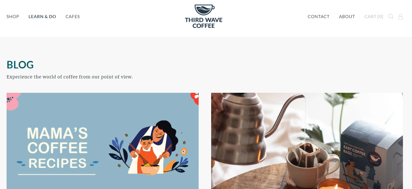 Third Wave Coffee blog homepage with great blog layout