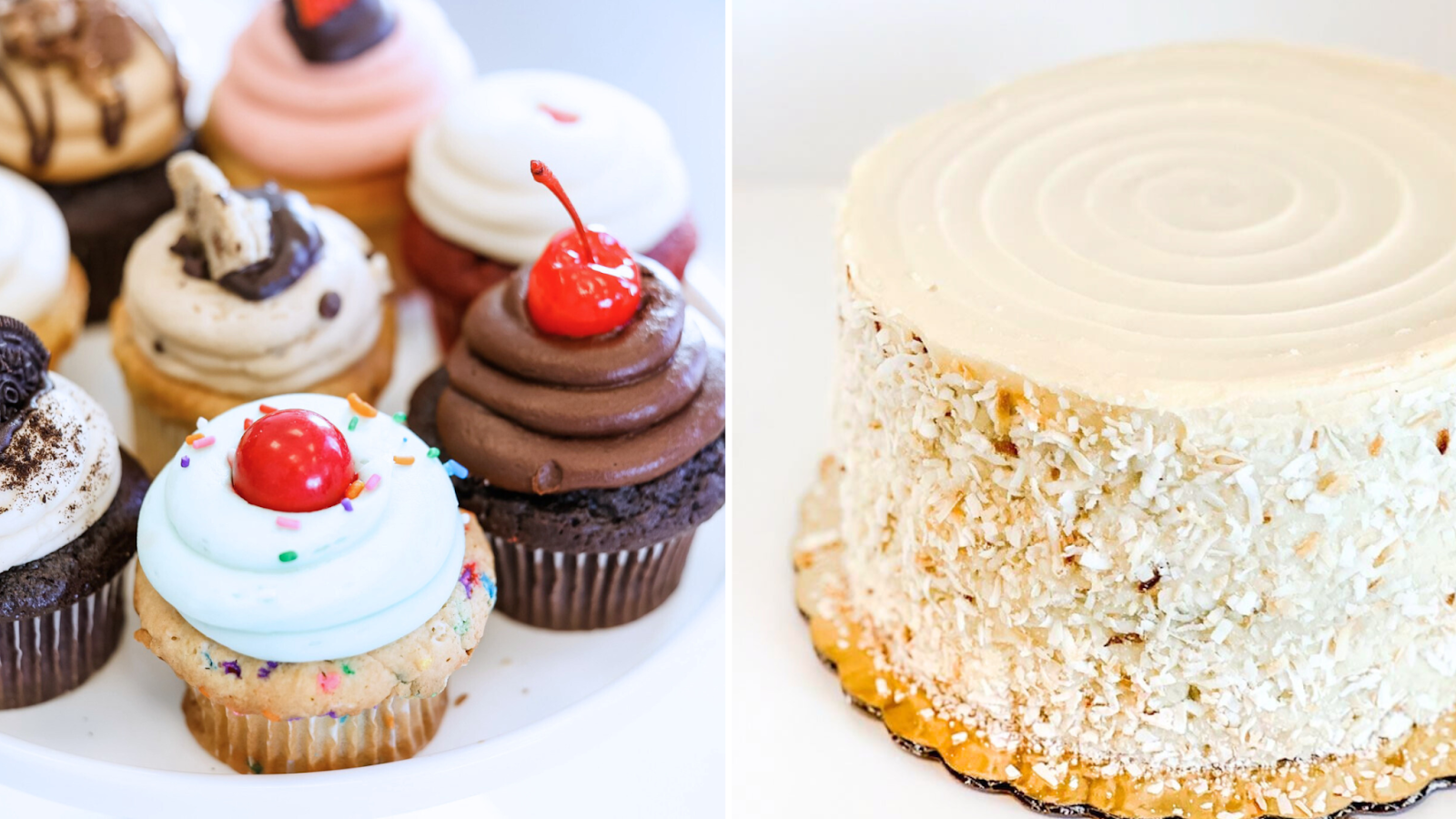 multiple flavors of cupcakes and a coconut wedding cake from the Sweet Tooth Fairy's wedding catering services in Utah.