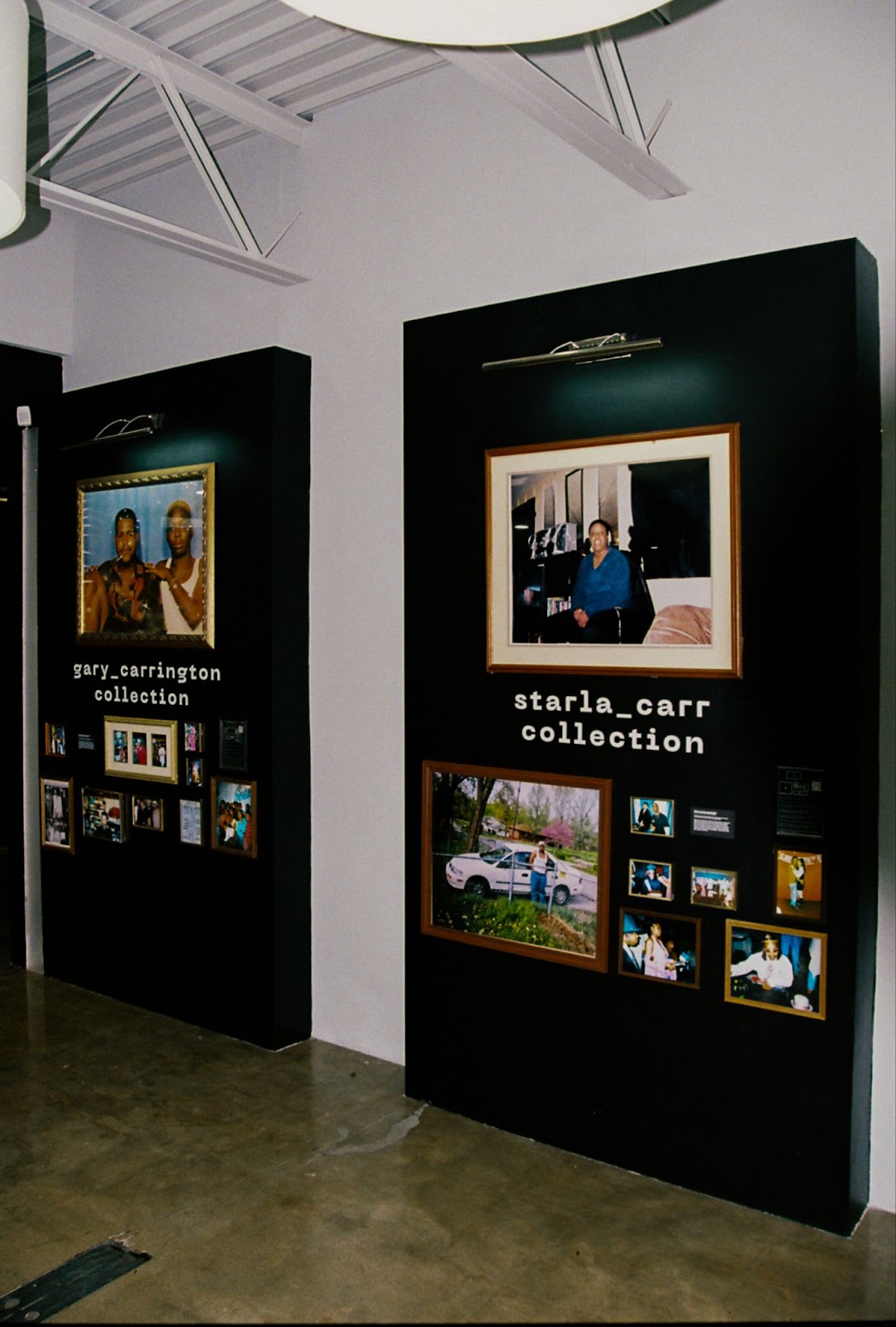 Images: Installation view, starla_carr, and gary_carrington collections displayed at Montalvo’s {B/qKC}: The Volume_2 Archive Launch Party. Two walls, each with a large photo in the top of the display, underneath of which the titles of the collections are printed. Beneath the collection titles are sets of smaller photos. Photo by Gabriella Salinas.