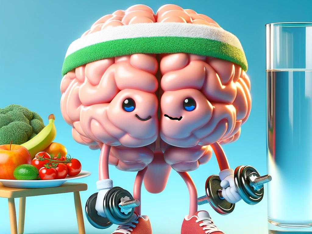Healthy brain working out with fresh fruit and veg, and a glass of water