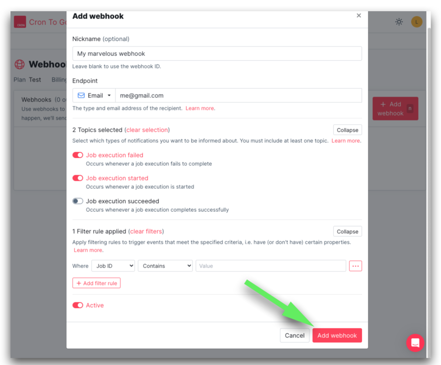 cron to go add email webhook