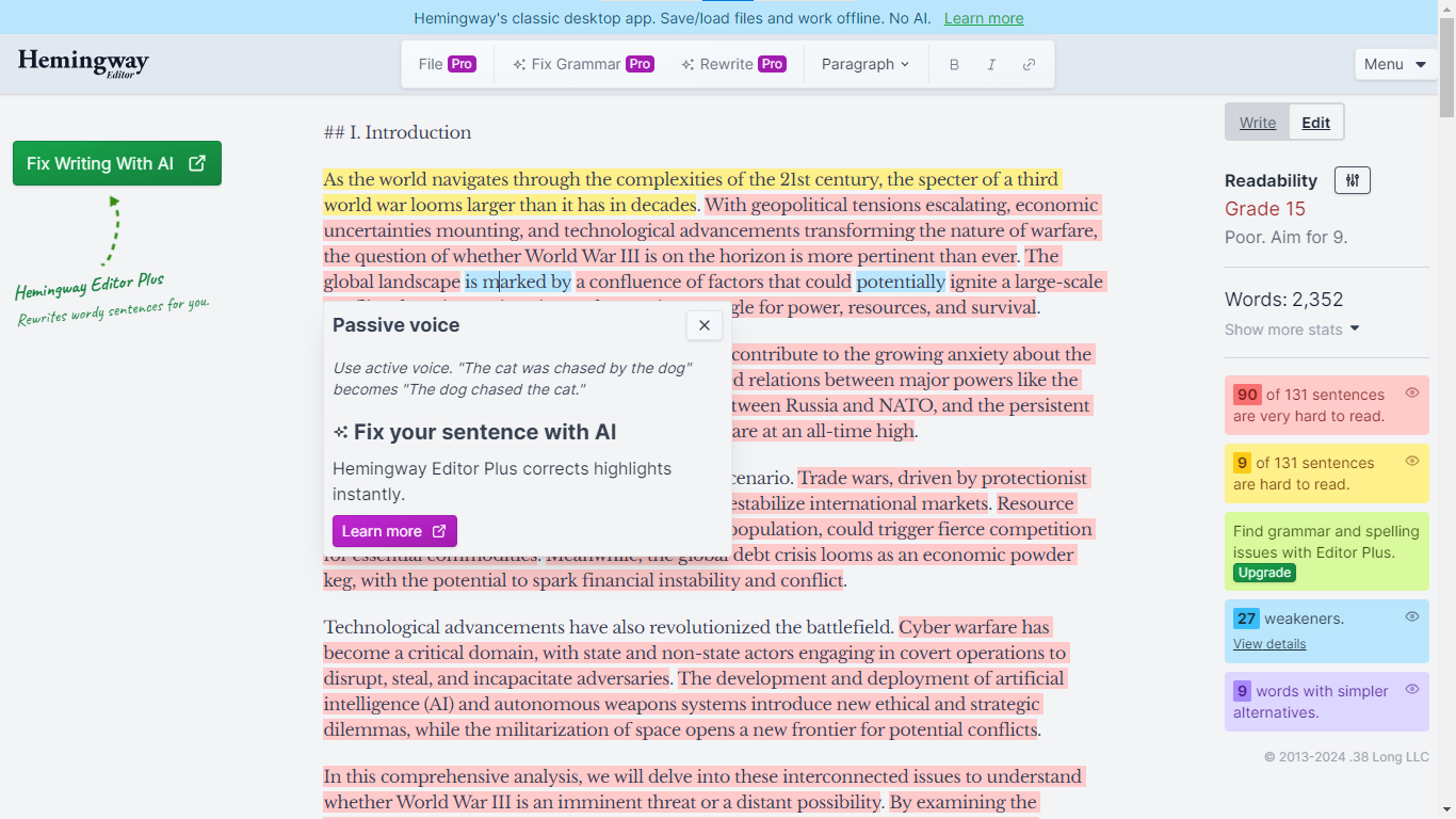 screenshot of Heminway Editor passive to active voice converters