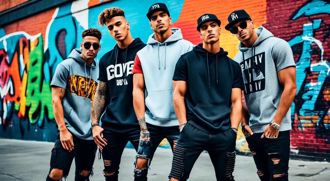 Create an image of a group of stylish young men in edgy streetwear by Fashion Nova Men. The background should be an urban setting with graffiti and colorful murals. The men should be posed casually, leaning against a brick wall or sitting on a stoop. They should each have their unique styles, incorporating ripped jeans, graphic tees, oversized hoodies, and trendy accessories like snapback hats and chain necklaces. The overall vibe should be effortlessly cool and confident, with a sense of rebelliousness and individuality.