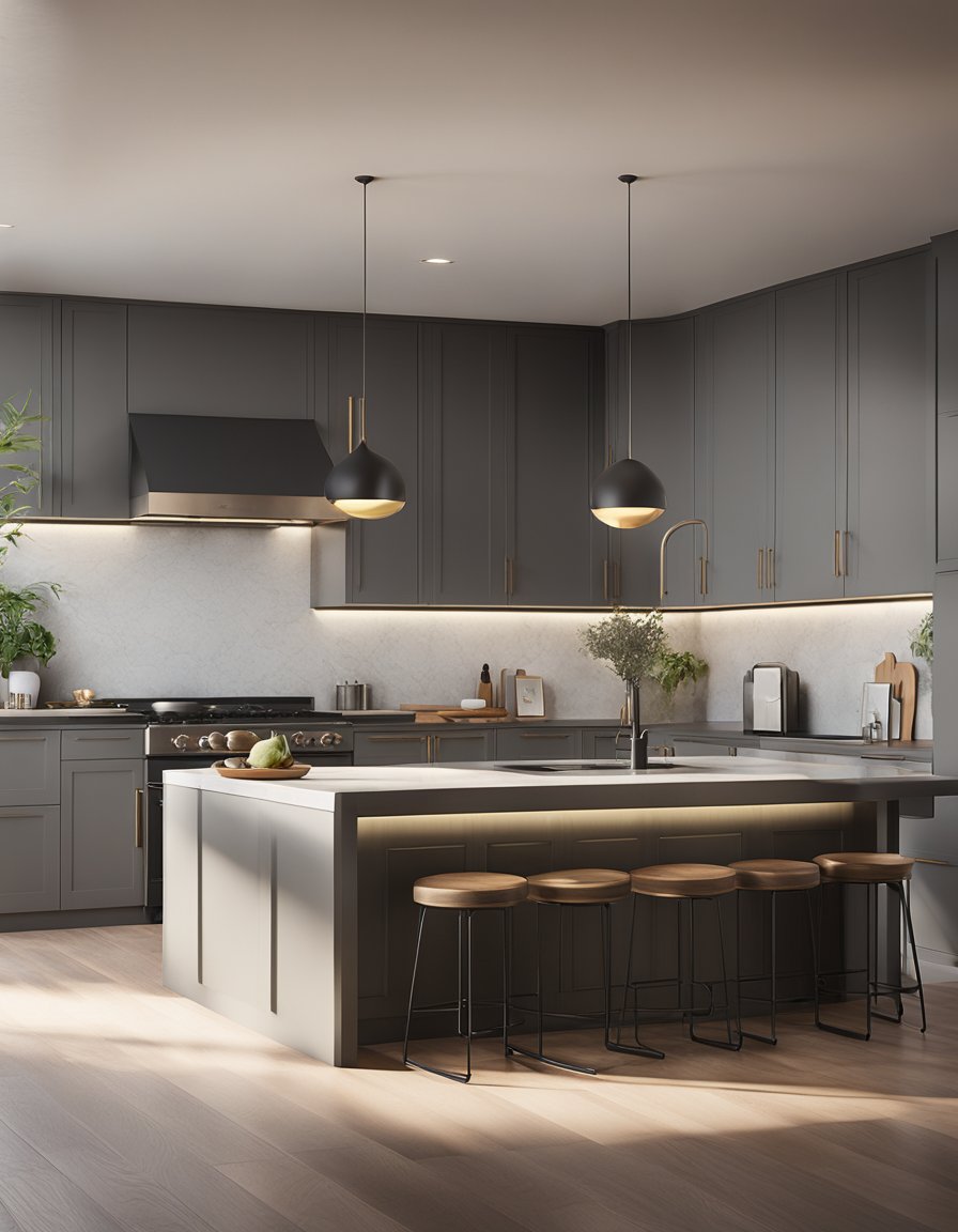 A spacious kitchen with gray cabinets and a contrasting island. Light filters in through the windows, casting a soft glow on the sleek surfaces