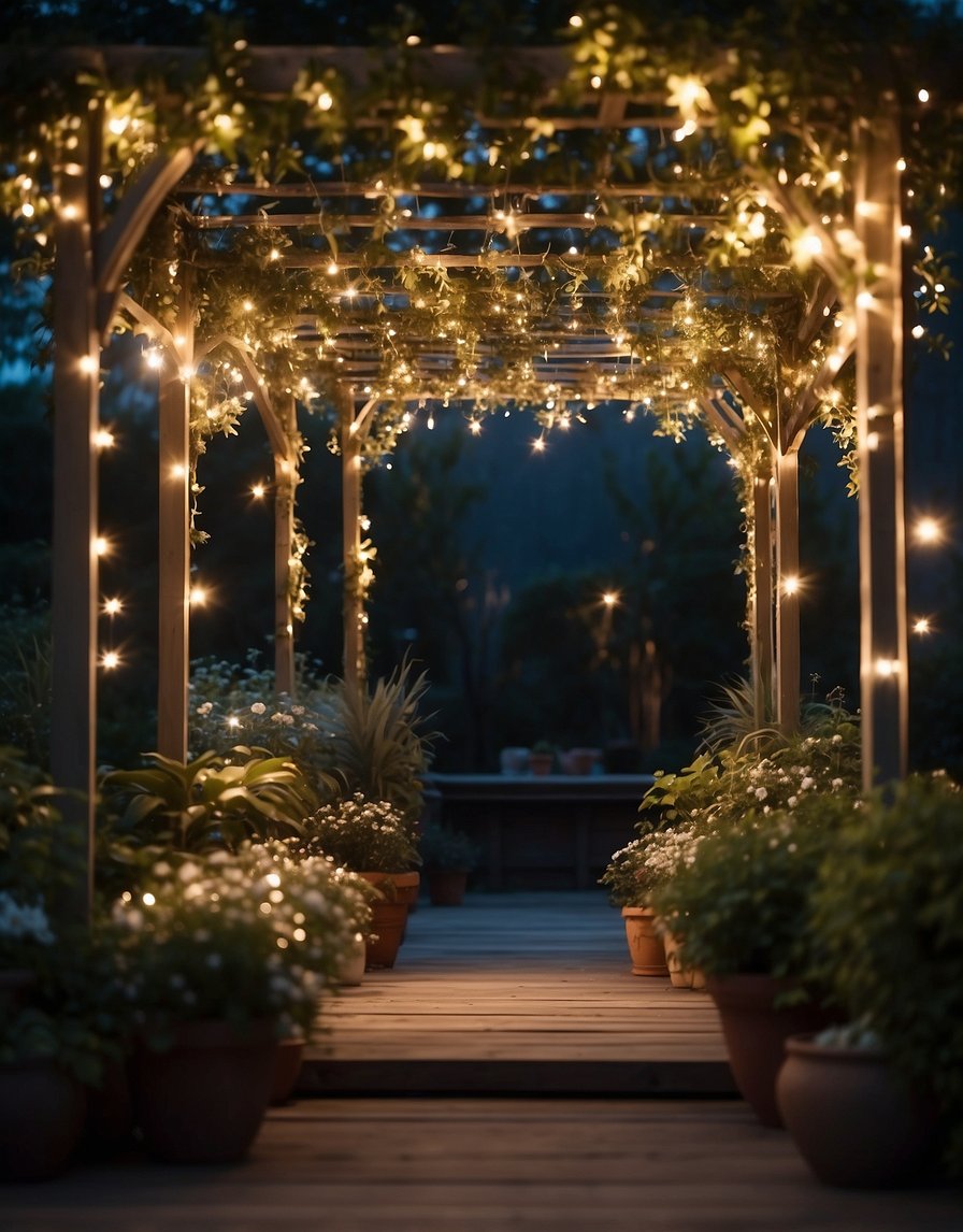 A garden pergola adorned with twinkling fairy lights, creating a magical and enchanting ambiance