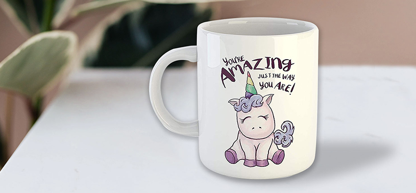 A white mug with a unicorn’s image 