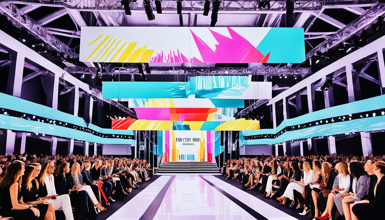 Create an image of NY Fashion Week 2024 venues that showcases the unique architecture and design of each location. Use a bold color scheme to highlight the energy and excitement of the event. Incorporate elements of fashion, such as high heels, runway lights, and designer logos, to add depth and detail to the scene. Experiment with different perspectives and angles to create a dynamic composition that draws the viewer in.