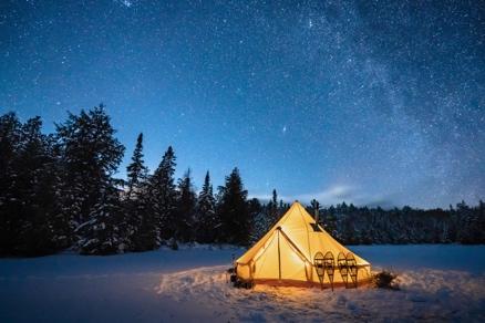 Tent in winter at night