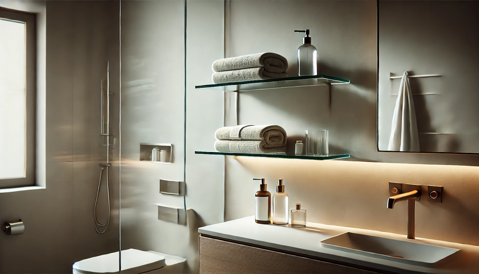 image showcasing bathroom glass shelves