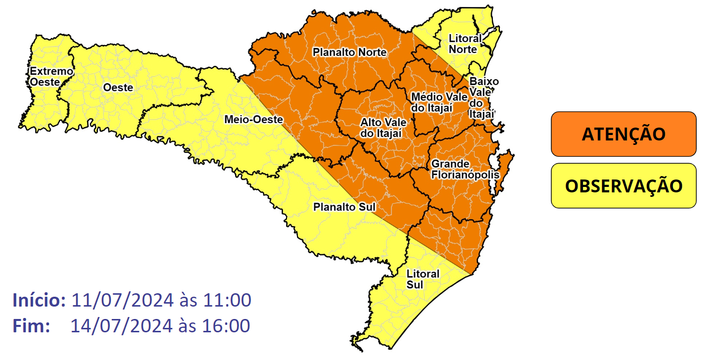 Previsão da Defesa Civil indica chuva volumosa, risco de inundações e frio intenso em Santa Catarina