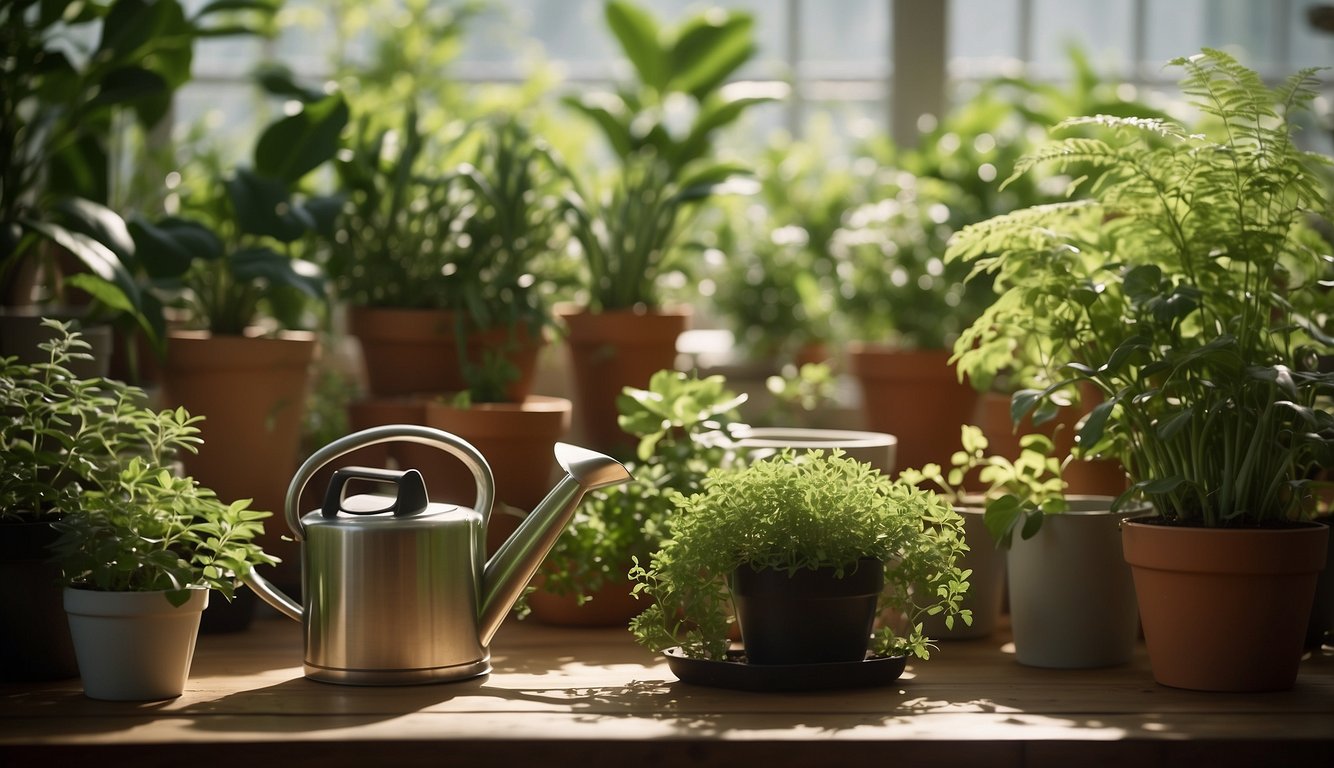 Lush green plants fill a sunlit room, surrounded by pots and gardening tools. A watering can sits on a table, ready to nourish the thriving indoor garden