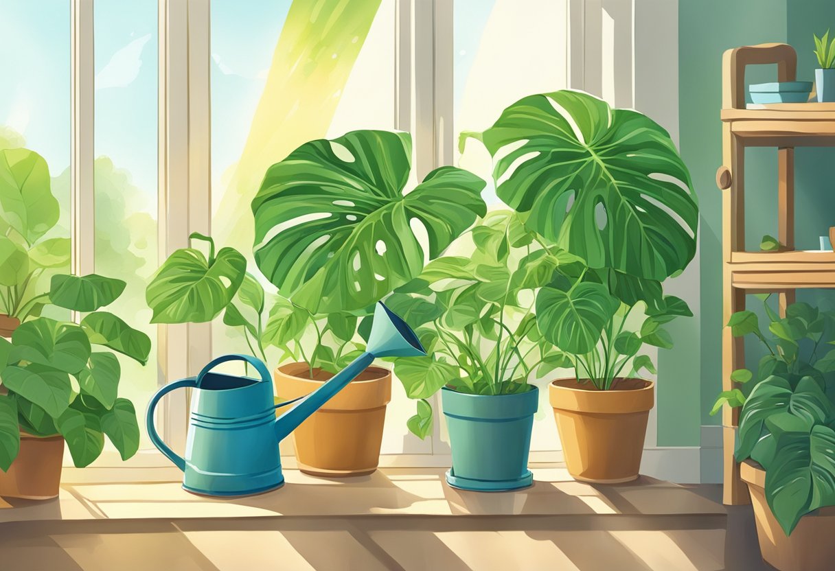 A watering can pours water onto lush Philodendron plants in a sunlit room