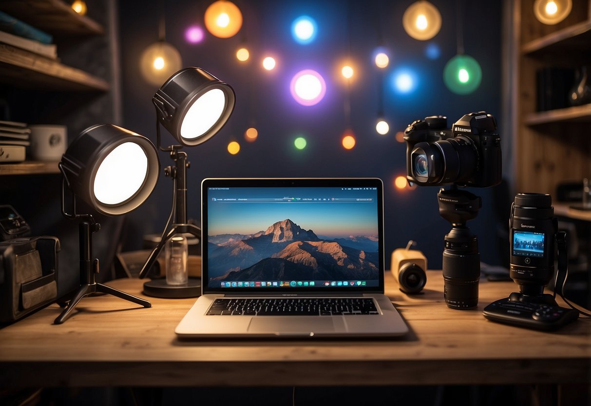 A desk with a camera tripod ring light microphone and laptop A backdrop with colorful posters A shelf with various props and accessories