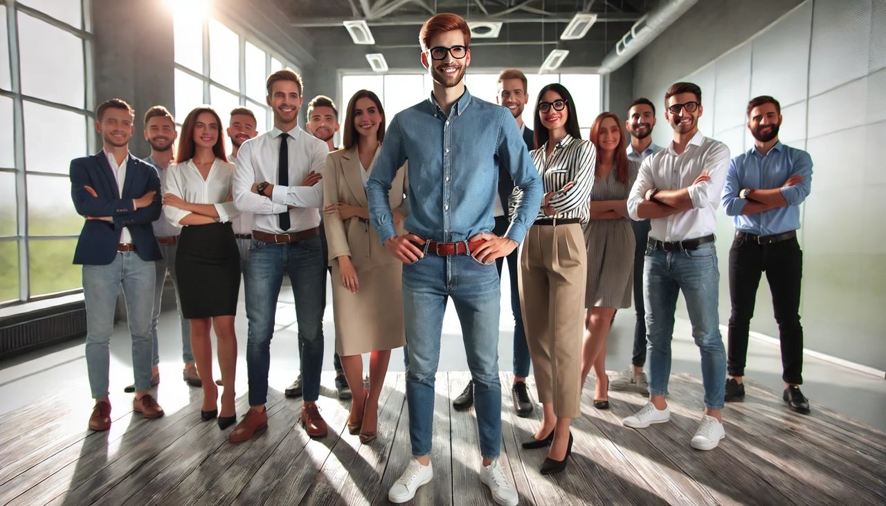 "Líder que se mantém confiante com sua equipe, representando adaptabilidade, inteligência emocional, comunicação aberta e diversidade, resultando em uma equipe coesa e bem-sucedida."