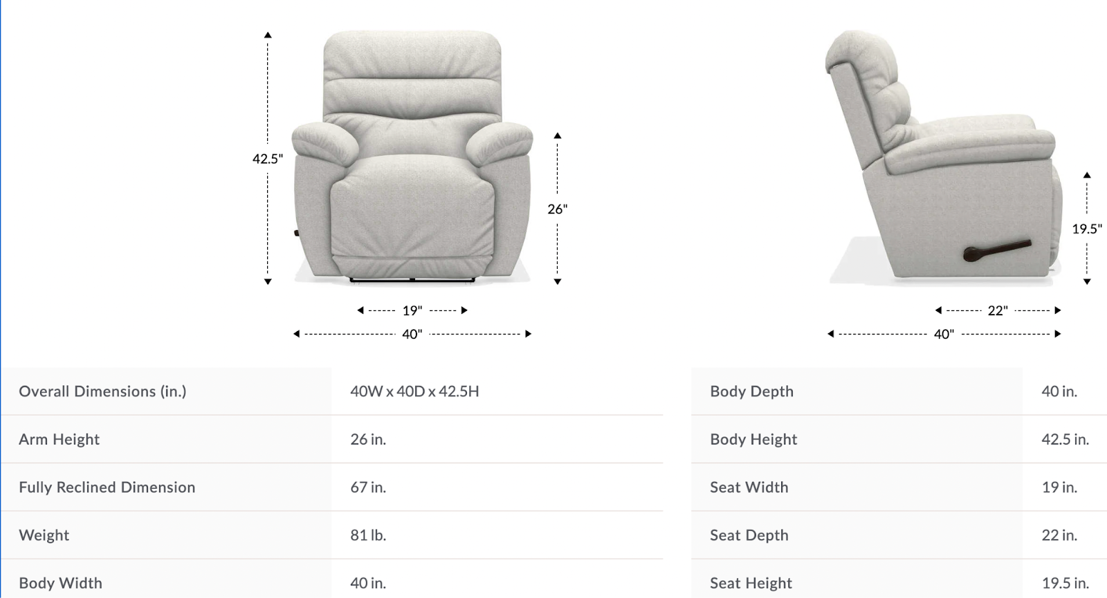 joshua rocking recliner dimensions