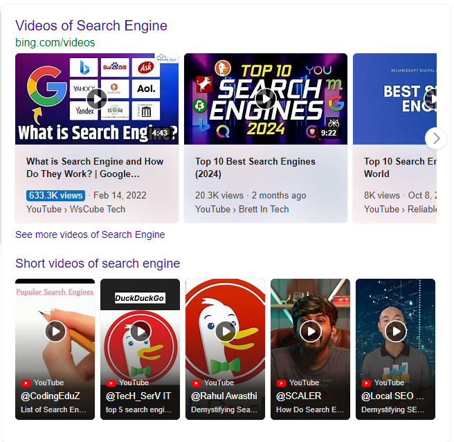 A screengrab of Bing's search engine results page. The screengrab features Bing's video features.