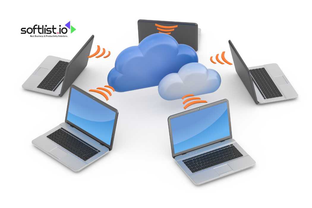 Multiple laptops connected to cloud storage, sharing data wirelessly