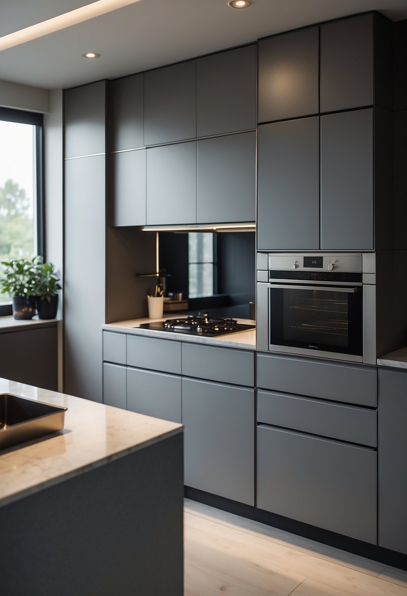 Elegant gray cabinets with sleek, modern handles. Soft lighting highlights the luxurious feel