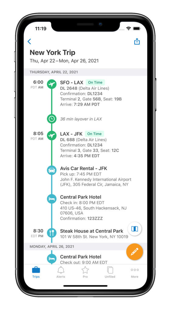 Hotel and Car Rental Reservations feature of TripIt