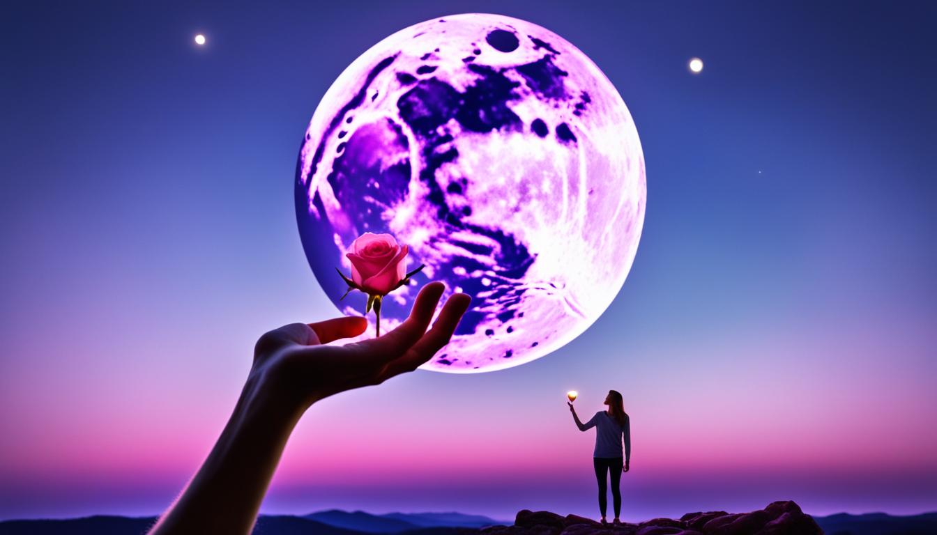 A serene, night sky with a large, glowing full moon at the center. In front of the moon, an outstretched hand holding a pink rose with petals gently falling away. Surrounding the hand are symbols of love and relationships, such as intertwined hearts and flowers. In the distance, silhouettes of two figures walking towards each other under the moon's light.