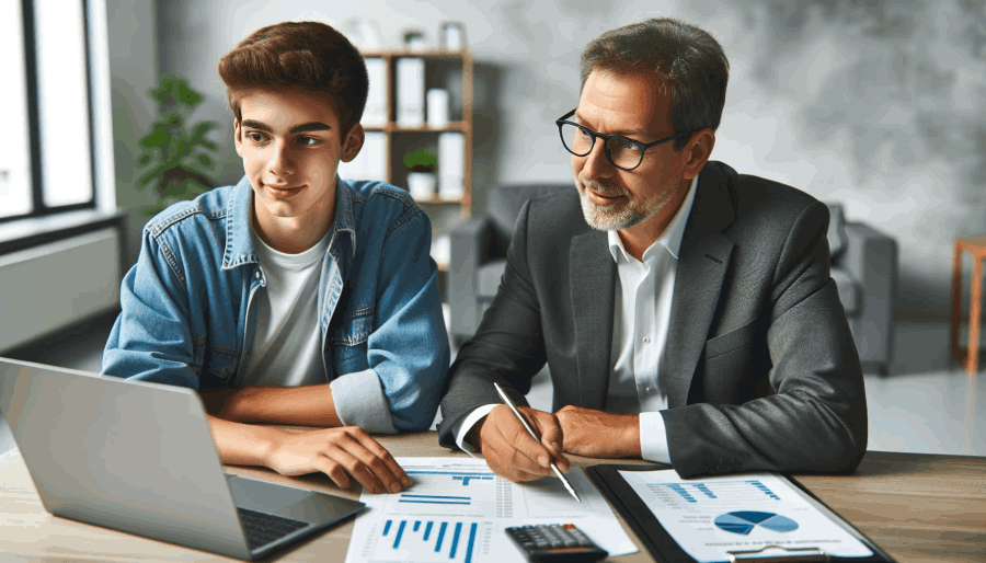 A young adult sitting with a financial advisor, looking at a laptop screen, learning about budgeting and personal finance.