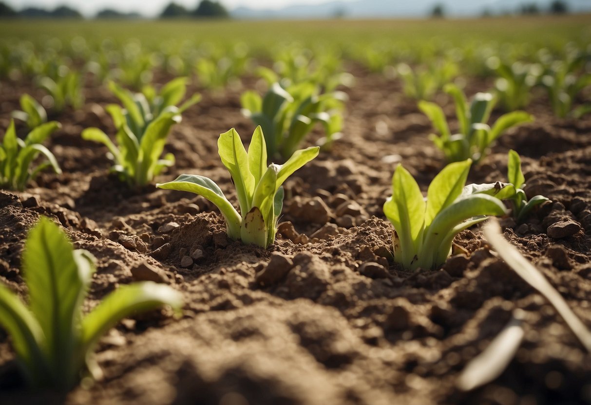 Lush farmland with wilted crops, dried-up irrigation, and cracked soil. Fading images of familiar foods like bananas, coffee, and chocolate