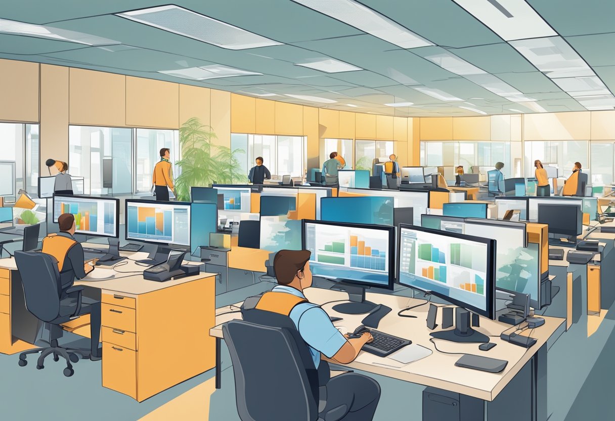 A bustling office with employees utilizing advanced IT systems for efficient operations and future growth in small and medium-sized enterprises