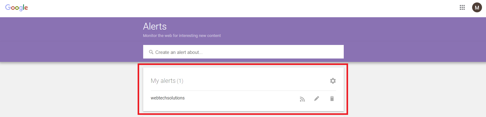 Google Alerts dashboard