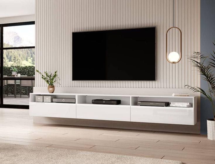 A Trendy TV Unit with Floating Shelves and Low-Lying Cabinets