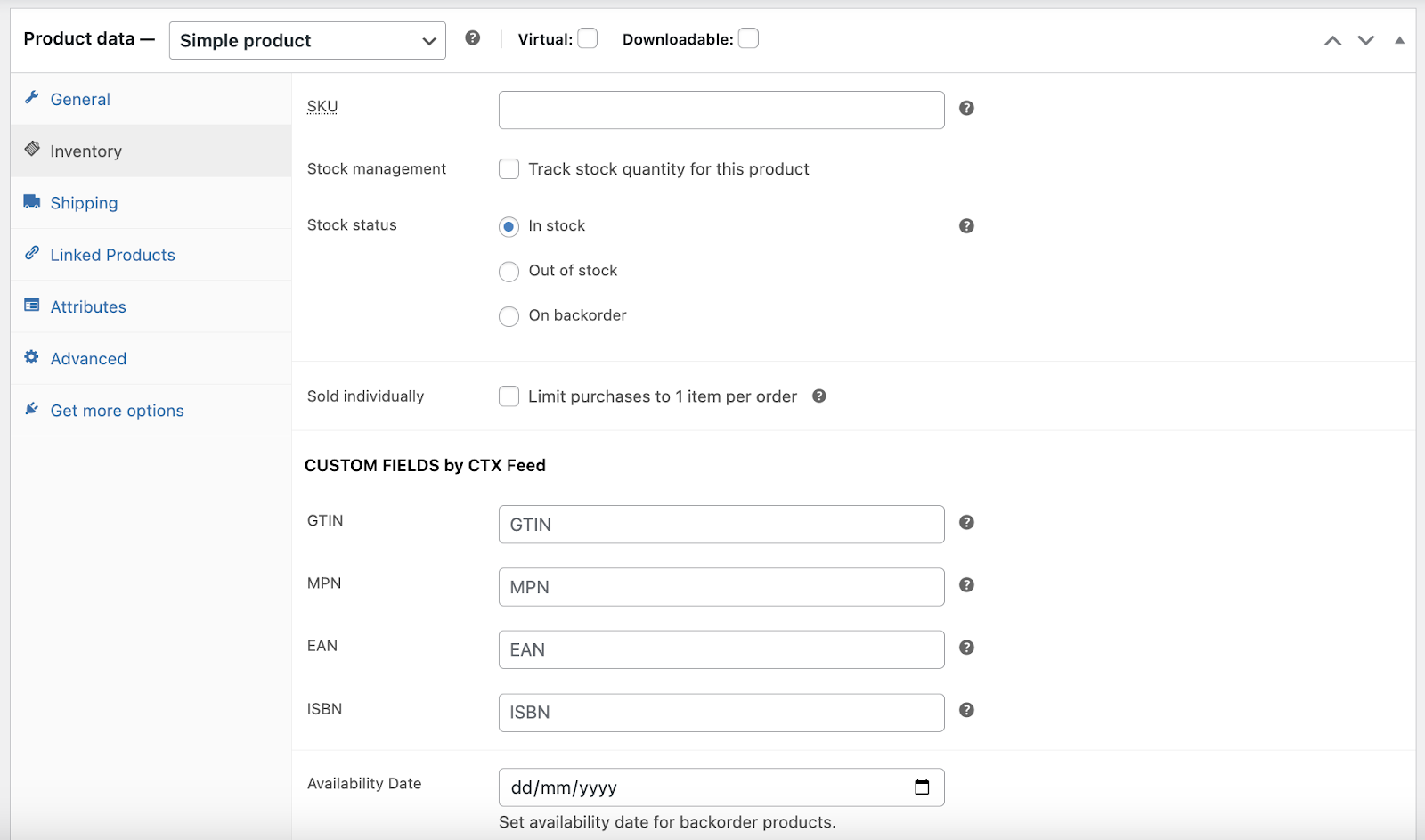 dedicated custom field section created by CTX Feed