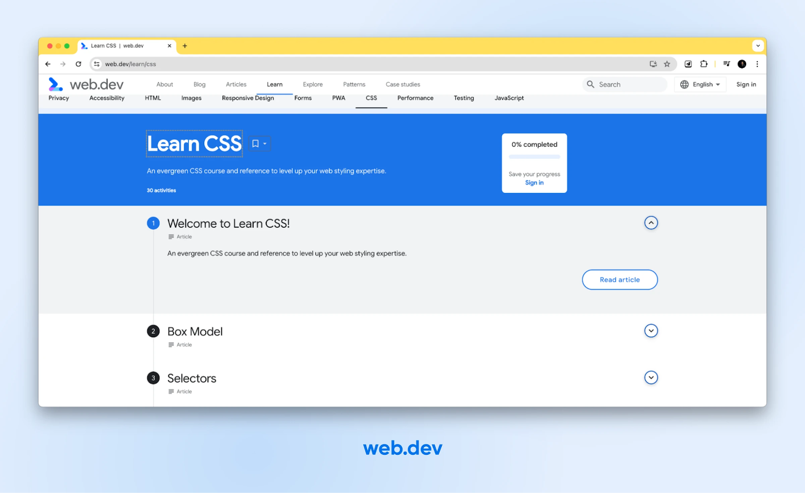 Captura de pantalla del sitio web web.dev con un curso "Aprende CSS". Ann esquema que muestra dos temas cubiertos: modelo de caja y selectores.