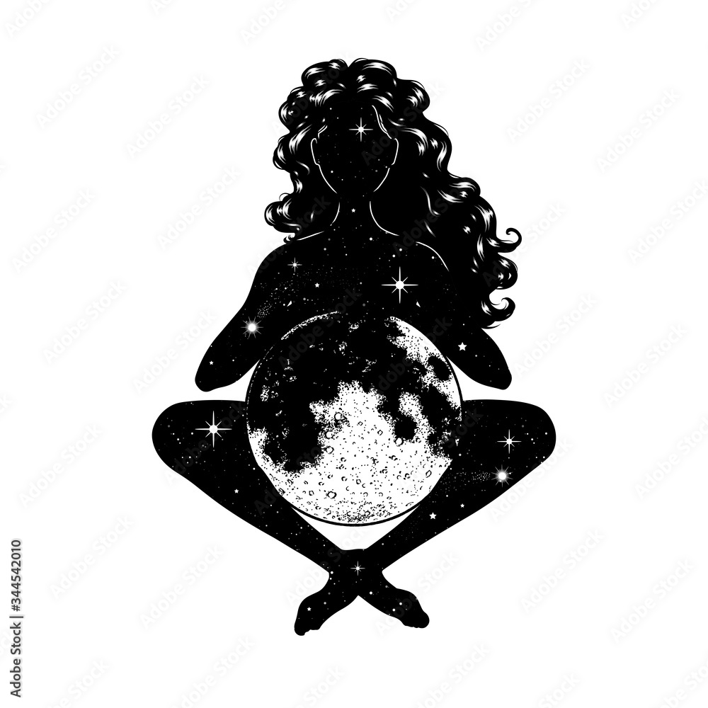 The following is an artistic representation of a feminine form that resembles the night sky, engaged in a meditative state while cradling the full moon in her lap.