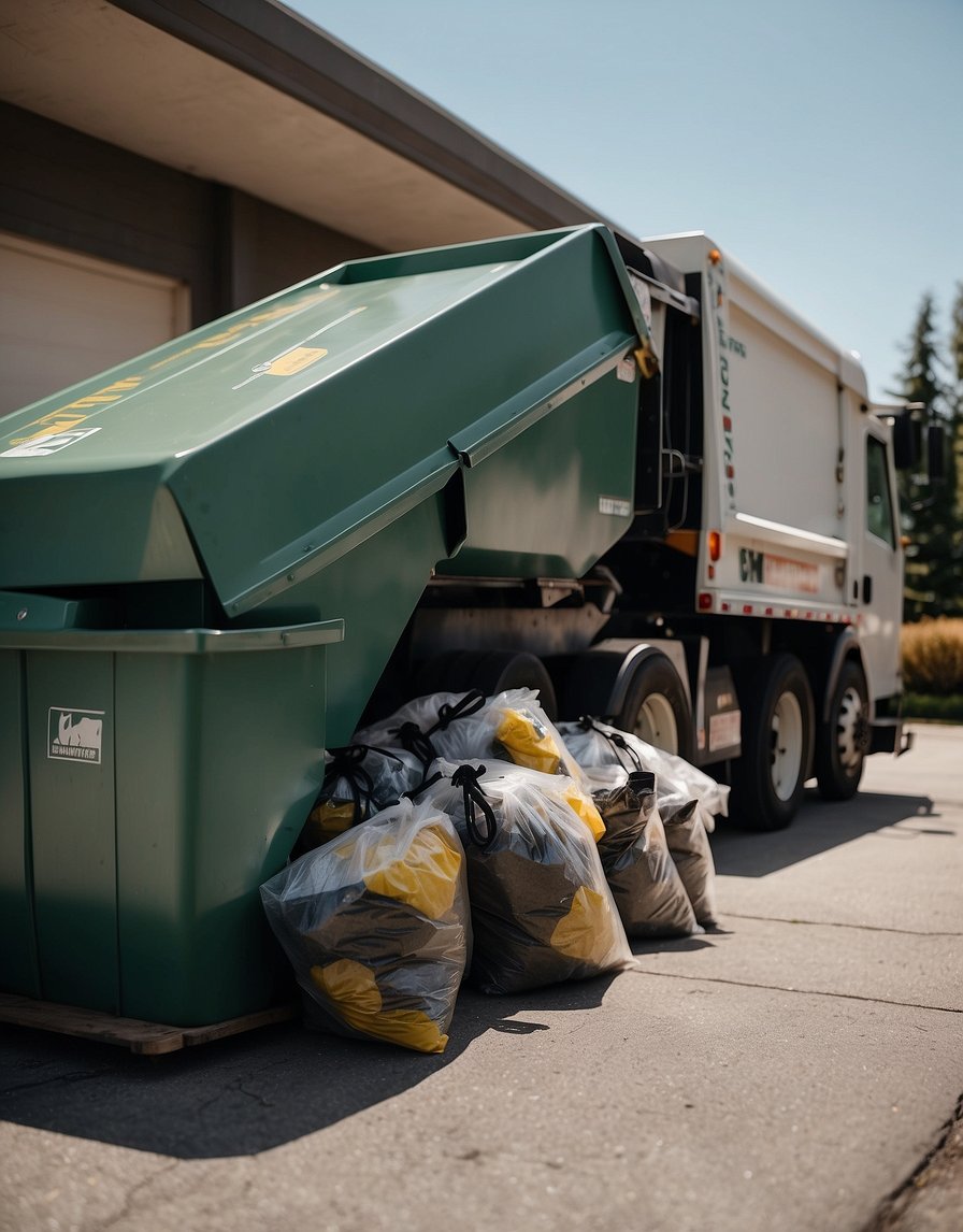 A garbage truck empties bins while flies buzz around a patio