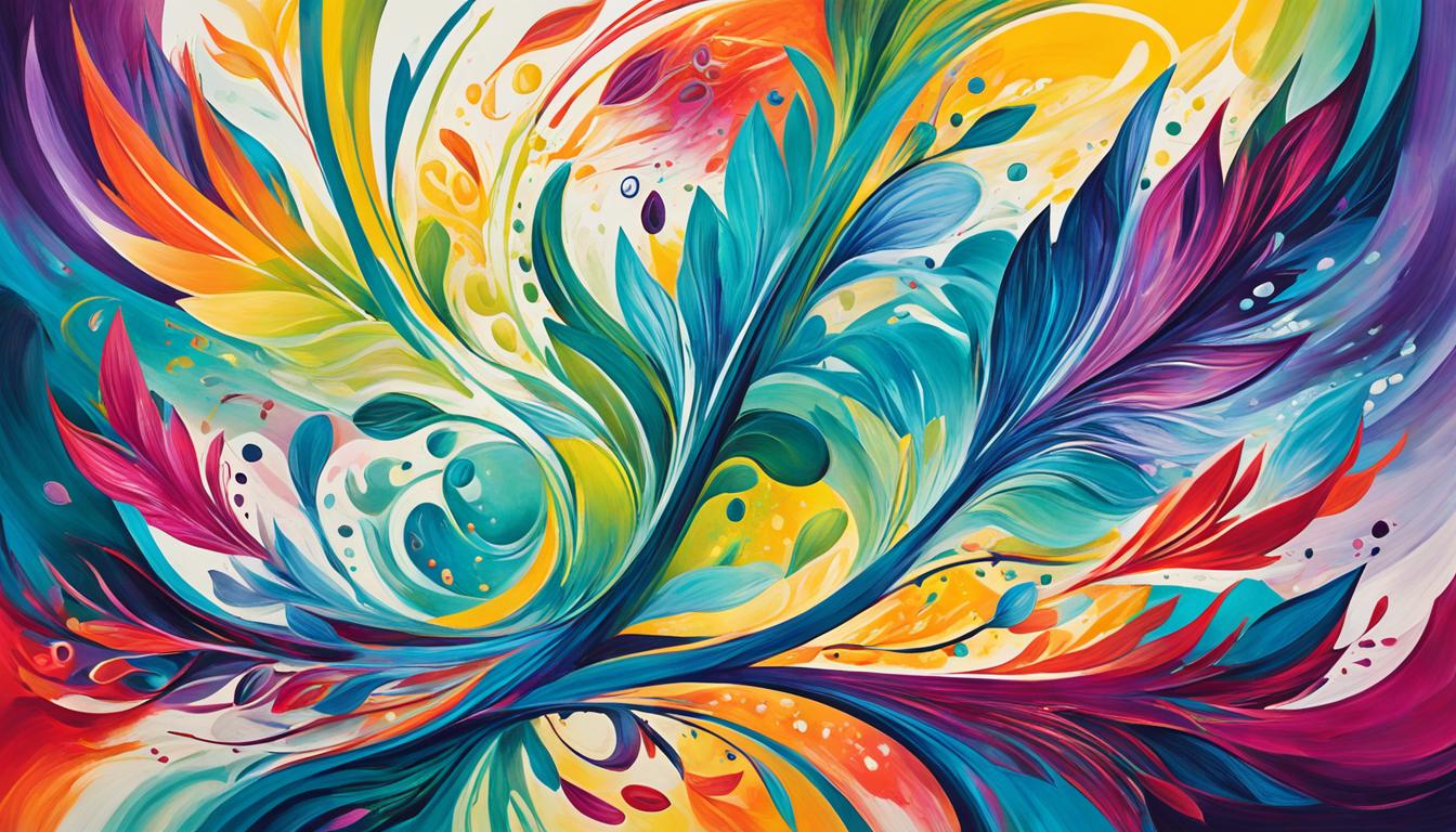 An abstract representation of the connection between thoughts and reality, featuring vibrant colors and swirling patterns that evoke a sense of movement and energy. Incorporate elements of nature, such as leaves or flowers, to symbolize growth and manifestation. Use bold brush strokes and dynamic shapes to convey a feeling of inspired action and intuitive guidance, as if the artwork itself is urging the viewer to take charge of their desires and make them a reality.