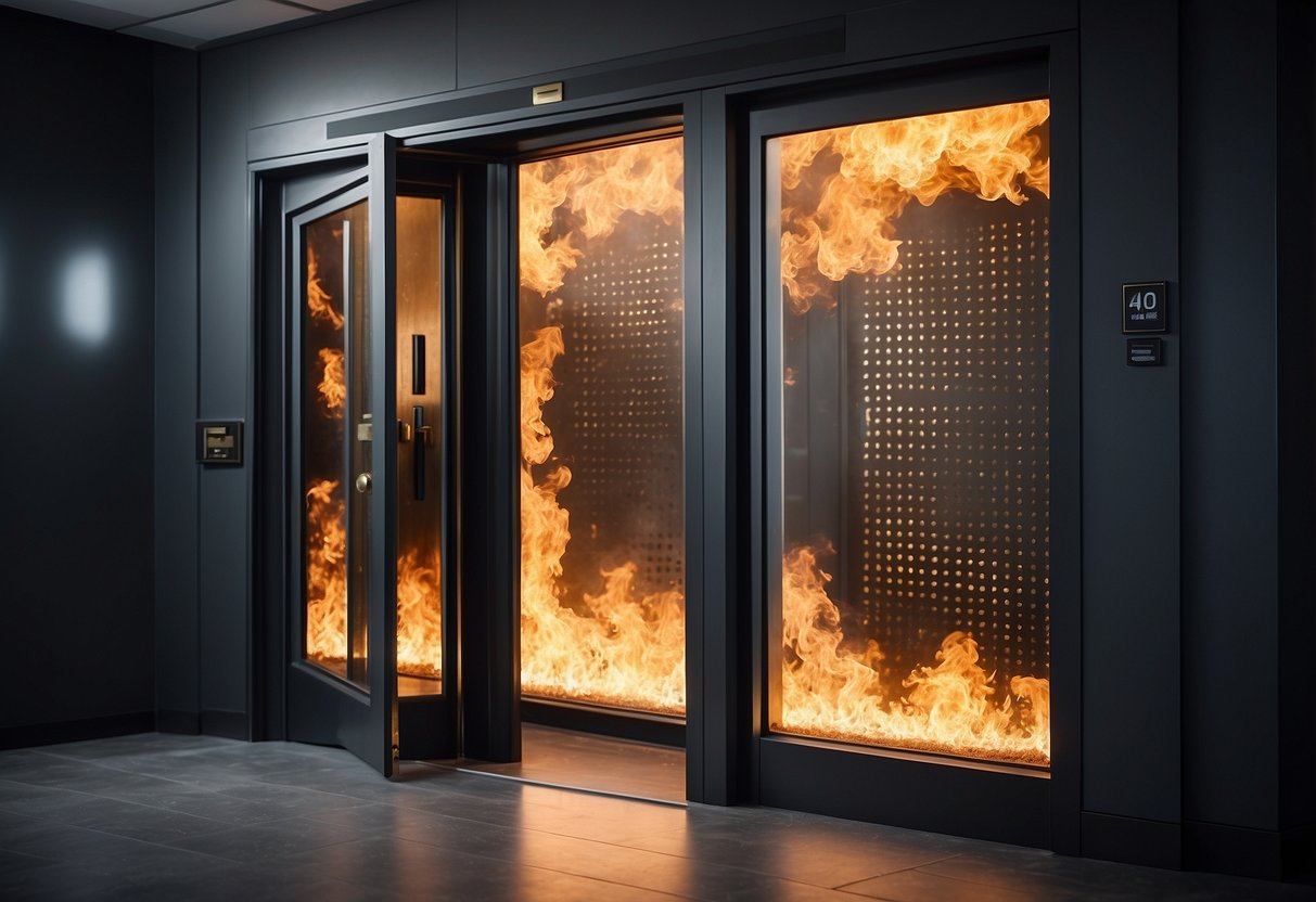 A fire door with UK regulations, featuring intumescent seals, smoke seals, and self-closing mechanisms