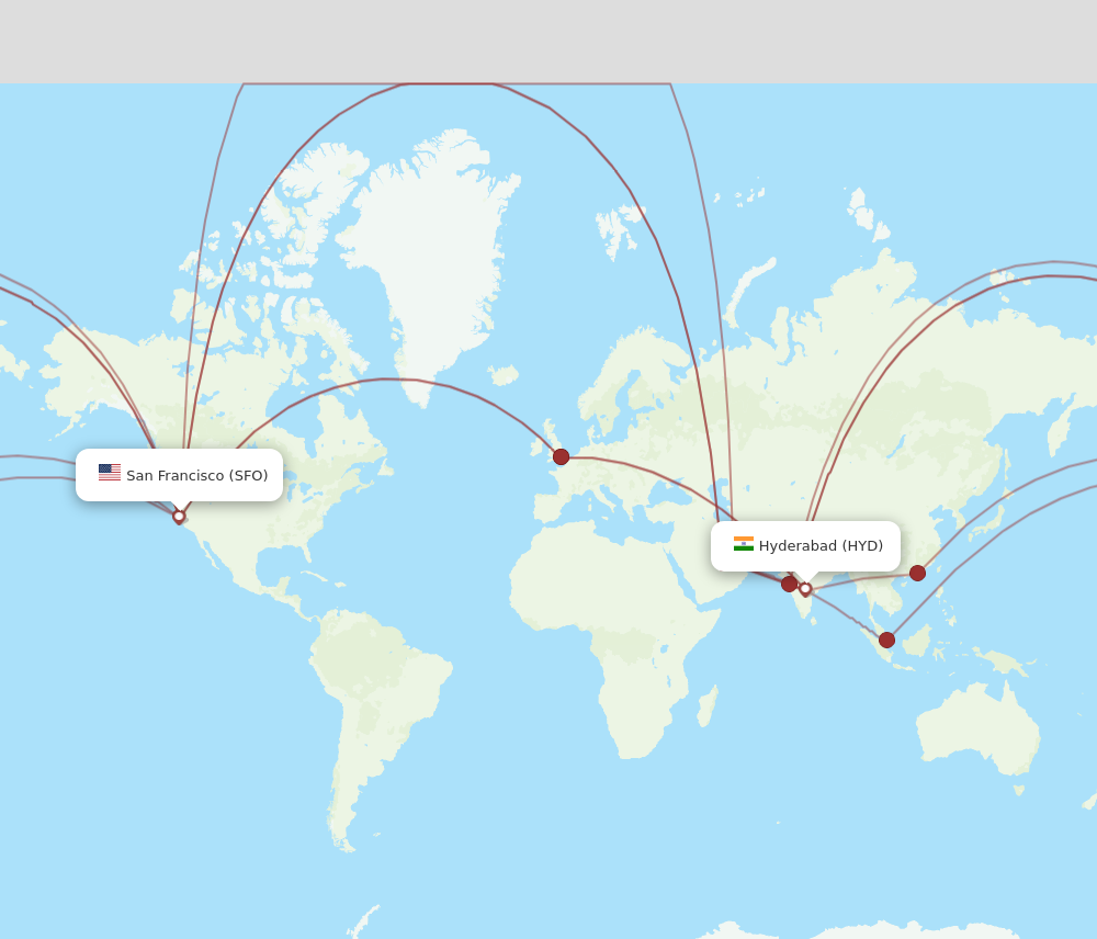 All flight routes from Hyderabad to San Francisco, HYD to SFO - Flight  Routes