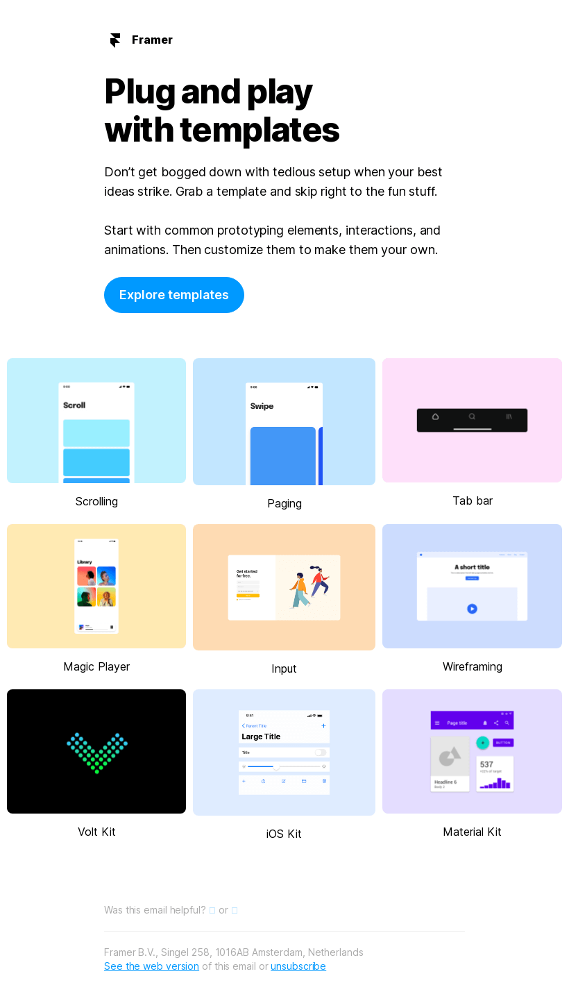 Framer activation email tactic providing quick-start resources