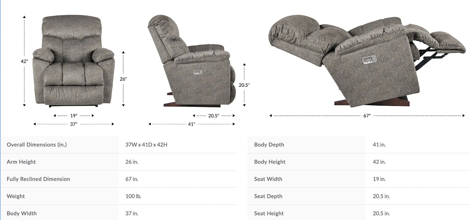 morrison power rocking recliner w/ headrest dimensions