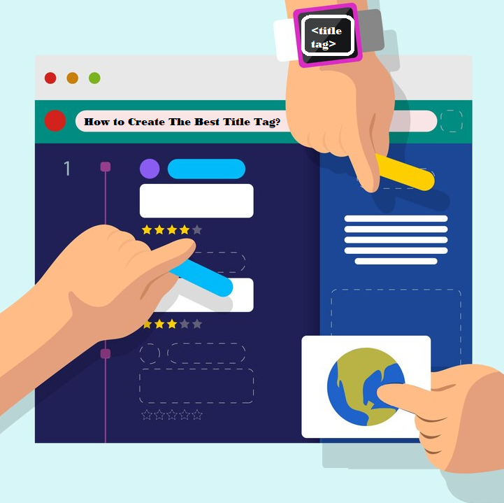Colorful web design concept with title tag shown in the browser