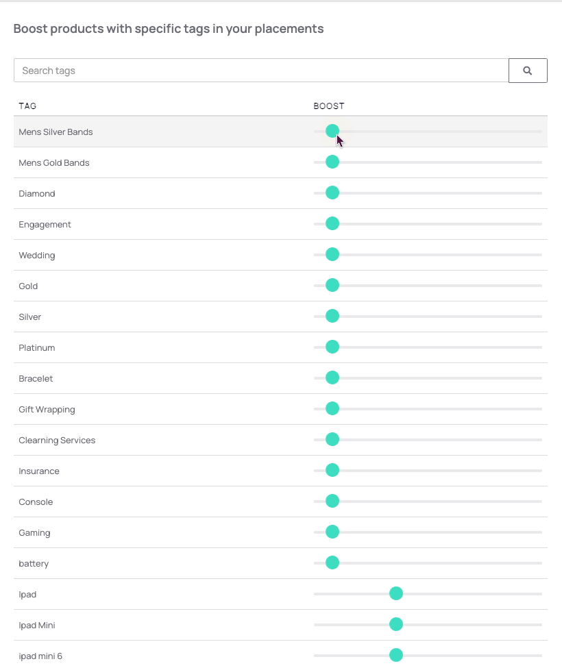 gif of the boost products page, where the user is boosting particular products according to tags