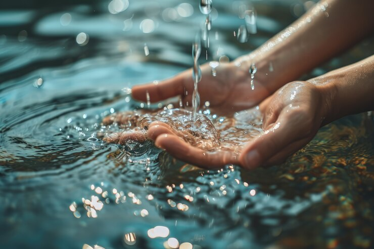 Water flowing into cupped hands and creating ripples