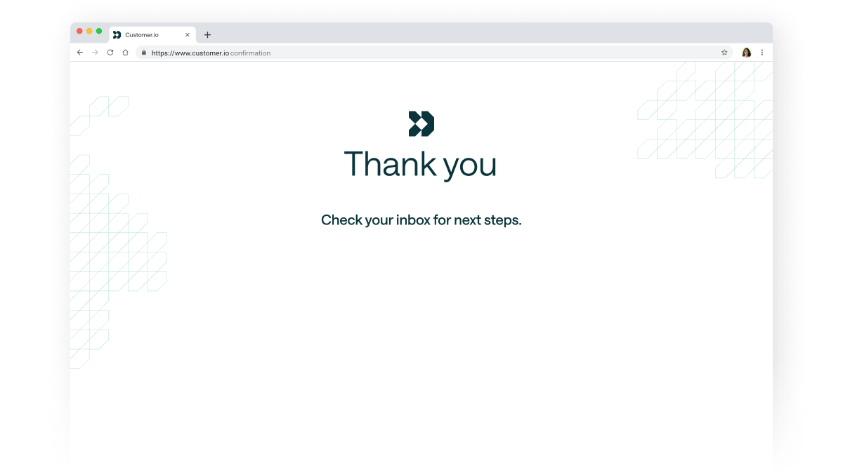 Signup confirmation page example from Customer.io