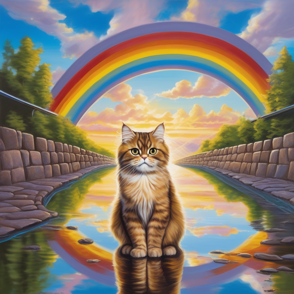 AI-generated art image of a cat standing on a rainbow bridge, pet memorial art