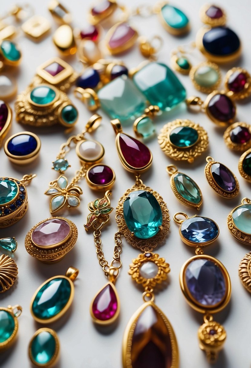 A table filled with intricate handmade jewelry pieces, sparkling with gemstones and unique designs. Displayed on a clean white background with soft lighting to emphasize the beauty and craftsmanship