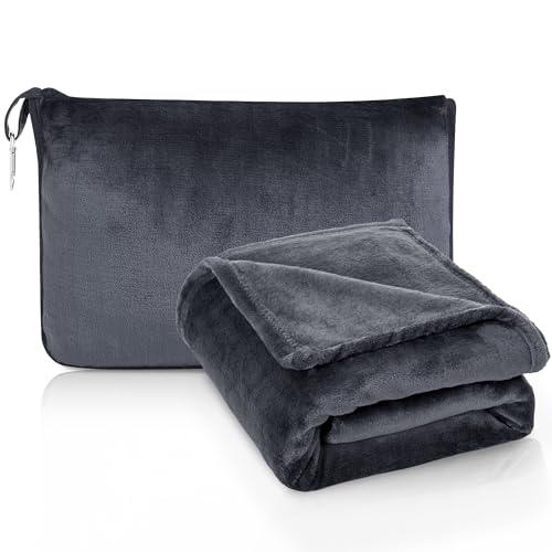 ATsense Travel Blanket Pillow, Premium 2 in 1 Soft Airplane Blanket Compact with Bag Pillowcase, Hand Luggage Sleeve and Backpack Clip - Travel Essentials for Long Trips, Flying and Car, Dark Grey