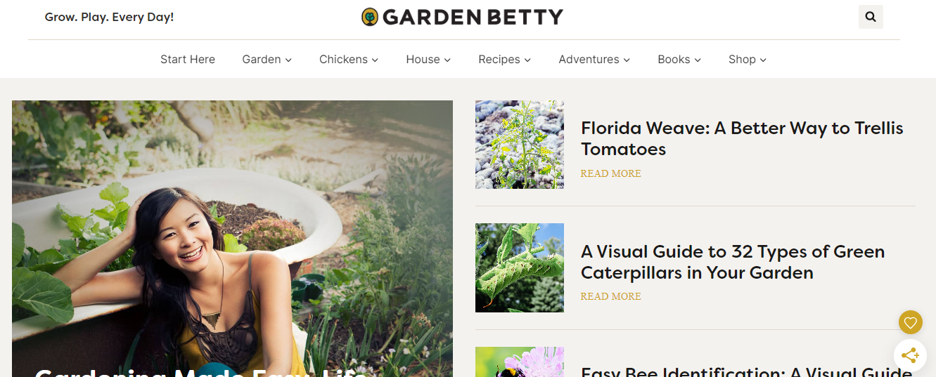 Garden Betty blog homepage with great blog layout