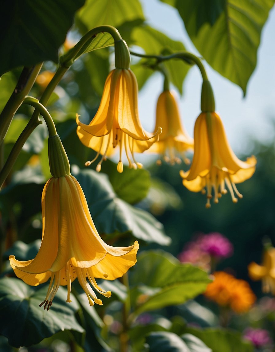 A garden filled with colorful Angel's Trumpet flowers emitting a sweet, intoxicating fragrance. Bees and butterflies hover around the blooms, adding to the vibrant and lively scene