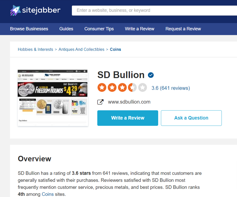 SD Bullion complaints on Sitejabber